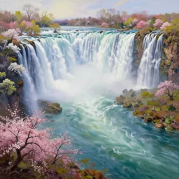 the most beautiful panoramic landscape, oil painting, where a giant dreamy waterfall creates a river, the trees around are starting to bloom in a variety of colors, by greg rutkowski, long exposure