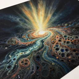 editorial illustration by karolis strautniekas and mads berg, sacred geometry, resin resin art cells, nebula melting into rivers, colorful, fine texture, detailed, muted colors, film noir, dramatic lighting, dynamic composition, vivid, matte print, wide angle, ( ( sunbeams ) ), moody, extreme perspective