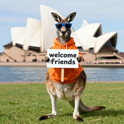 a portrait photo of a kangaroo wearing an orange hoodie and blue sunglasses standing on the grass in front of the sydney opera house ( ( ( holding a sign on the chest that says welcome friends ) ) ), subject : kangaroo, subject detail : wearing orange hoodie, wearing blue sunglasses, subject location : sydney opera house, subject action : holding sign