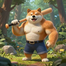 digital art of a bodybuilder shiba inu holding a baseball bat in the forest. Dof. Highly detailed 8k, fantasy