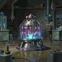 A dimly lit lab with a prototype of a fusion reactor sitting in the center of the room, art by Hayao Miyazaki, art by Studio Ghibli, anime style