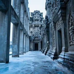 A cold hallway with bluish icy temperature, brutalist architecture mixed with Khmer detailing, high resolution, cinematic, landscape portrait -W 1024