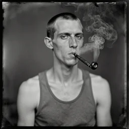 Daguerreotype of a skinny crackhead tweaker wearing a wifebeater tanktop, buzzed hair smoking a meth pipe. Faces of meth, classical portrait, 1894