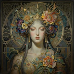 breathtaking detailed concept art painting art deco portrait of gaea goddess amalgamation flowers, by hsiao - ron cheng, bizarre compositions, exquisite detail, extremely moody lighting, 8 k