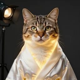 portrait of a cat wearing robes,glowing,photorealiatic,hyperdetailed,hyperrealistic,studio lighting,studio photography,professional photography,professional lighting,detailed face,3 point lighting,4k,digital art,ultra realistic,ultra detailed,art by greg rutkowski,photorealistic
