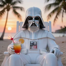 symmetry!! closeup!!! film - still!!! symmetrical - face!! white darth vader relaxing on a tropical beach during sunset with a cocktail, cinematic lighting, sunset, 8 k - resolution!!, hyperrealism, award winning, artstation, unreal engine 5, octane, redshift