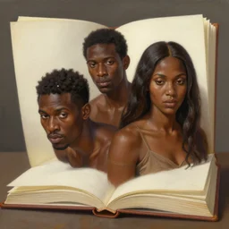 a painting of three brown men and a brown woman emerging out of a giant open notebook like genies, hyperrealistic faces, detailed digital art, aesthetic!, trending on artstation
