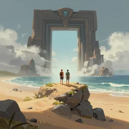 a couple of people standing on top of a sandy beach with a portal to another dimension, concept art by senior environment artist, cgsociety, fantasy art, concept art, unreal engine, matte painting