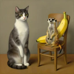 a cat, a meerkat, a banana, a chair. painting by rene magritte.