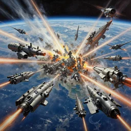 painting of a massive space battle over earth, full view, popular on artstation, artstationhd, artstationhq 8 k, volumetric lighting, super focused, no blur, trending on artstation, ultra detailed, by artgerm and james gurney, greg rutkowski, 1 5 8 0 art