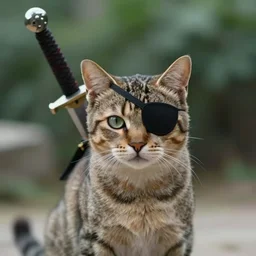 film still of a bipedal cat with a black eyepatch over its right eye and a huge sword on its back, 4 k