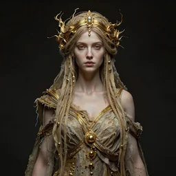 a portrait of beautiful woman, full medium shot, front close - up, head on, abreast, dressed in long rags, godess, ethereal, ornates of gold, evil, artistically realistic, octane render, fine art, intrincate. by peter mohrbacher & marc simonetti