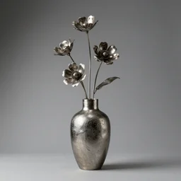 a sculptured vase, metal flowers, modern studio light