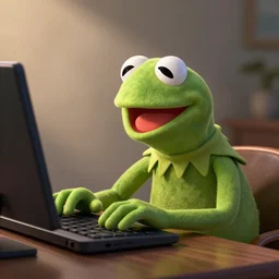 kermit the frog furiously typing on a computer