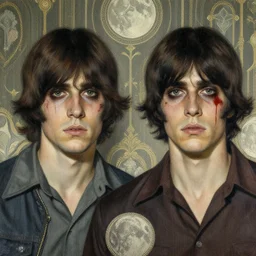 two handsome but sinister young men in layers of fear, with haunted eyes and dark hair, 1 9 7 0 s, seventies, wallpaper, a little blood, moonlight showing injuries, delicate embellishments, painterly, offset printing technique, by john howe, brom, robert henri, walter popp