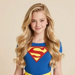 toned young april with a mischievous face and extremely long blonde wavy hair dressed as teen superhero, posing with hands behind back, captain america, wonder woman, intricate detailed face, artgerm, greg rutkowski, alphonse mucha