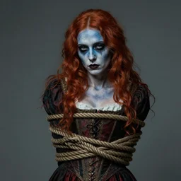 tyler edlin, dark portrait, death ultra red head woman in medieval dress, strangled with rope, bluish face, victorian style, high detail