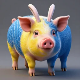 pig, half yellow, half blue, with a demon eyes, rabbit ears, fish skin, highly detailed