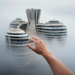 arm reaching out of thick fog, round buildings in background, stacked buildings, smooth architecture, organic, sophisticated, zdzislaw beksinski, architecture of frank lloyd wright, zaha hadid, norman foster