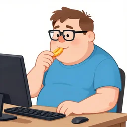 a fat nerd eats cheetos sitting at a computer, art by michaelangelo