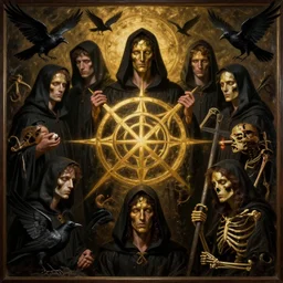 dante's inferno painting, with people in black hooded tunic like in the film eyes wide shut of stanley kubrick, illuminati symbol, crows, skeletons, crosses, wings characters 8 k symmetrical, unreal engine, highly detailed, hd environment, maxon cinema 4 d, 8 k rendering, dark beauty, rotten gold, perfect faces