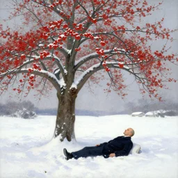 winter, a clean - shaven white businessman relaxing under a world tree with red flowers, ground covered with snow, extreme long shot, painting by gaston bussiere, craig mullins, j. c. leyendecker, trending on artstation