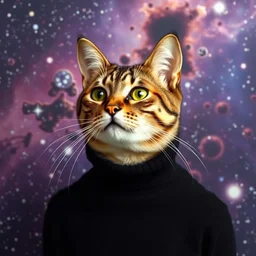 a bust portrait of a cat in a black turtleneck pullover in front of a galaxy wallpaper, photography, cosmos by carl sagan