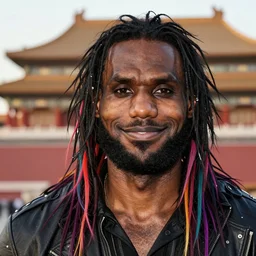 a beautiful portrait photo of Lebron James wearing cybergothic clothing, bright colored streaks of hair, messy long black hair, black lipstick, heavy eyeliner, cute smile, beautiful detailed eyes, golden hour in Beijing, outdoors, Lebron James professional award winning portrait photography, Zeiss 150mm f/2.8 Hasselblad
