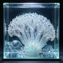 high intricate tremella - fuciformis formed waves made of crystals inside a glimmering glass box, vast ocean surface, maria panfilova, andrea savchenko, mike kime, ludovic plouffe, qi sheng luo, oliver cook, makoto shinkai, trending on artstation