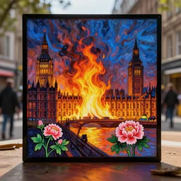 london on fire, by gustave dore. back glass painting, carnation, encaustic painting, b - roll, establishing shot, dappled light, crime scene photography, 8 k, vray, unreal engine, blender cycles, colorful