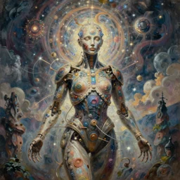 a high detailed painting with many textures and of a humanoid psychedelic cyborg with a quantum spiritual awakening, surrealism, magical realism bizarre art