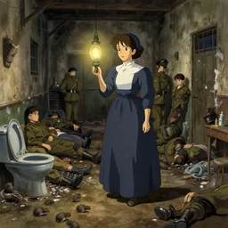 1 8 5 4 crimea, florence nightingale holding lamp, army hospital in scutari at night, overcrowded, filthy, blocked drains, broken toilets, rats, many wounded soldiers, dirty floor, grimy walls, finely detailed perfect art, painted by greg rutkowski makoto shinkai takashi takeuchi studio ghibli