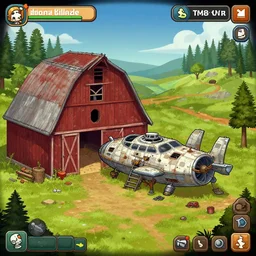 inside a barn and next to a old small spaceship that needs repair, in a remote outpost, from a point and click 2 d graphic adventure game, art inspired by [ thomas kinkade ] and [ mark keathley ]