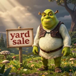 shrek standing next to a sign that says “yard sale”