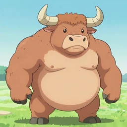 a muscular bull with a pot belly, anime style