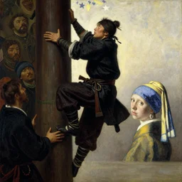 full character of a ancient chinese thief climbing on a pillar, painting by gaston bussiere, katsuya terada, nc wyeth, greg rutkowski, craig mullins, vermeer, frank frazetta, mucha, tom of finland, trending on artstation, jeffery catherine jones