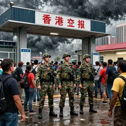 private military company operatives standing outside immigration check point crowded with climate crisis migrants, severe weather storms, hong kong, cinematic, realistic, detailed, intricate, digital art, ambient lighting, by darek zabrocki, pop art style, 3 5 mm film grain, artstation
