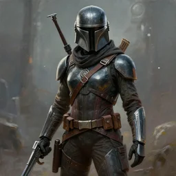 a character design of an intergalactic bounty hunter, sci - fi, hyper realistic, painting, full of details, unique, movie scene, dramatic, in the style of greg rutkowski,