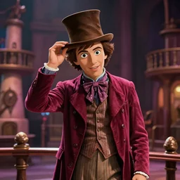a film still of willie wonka's chocolate factory 1973, medium shot, waist up, studio Ghibli, Pixar and Disney animation, sharp, Rendered in Unreal Engine 5, anime key art by Greg Rutkowski, Bloom, dramatic lighting