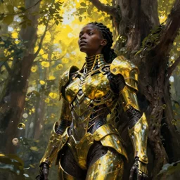 hyperrealistic super expressive! black woman with detailed exoskeleton armor, merging with tree in a forest, digital painting masterpiece brad kunkle hannah yata dramatic pearlescent yellow light low angle hd 8k sharp focus