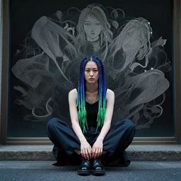 concept art, pretty woman sitting on street, braids blue green, she alone, junichi higashi, isamu imakake, intricate, balance, ultra detailed, full far frontal portrait, volumetric lighting, cinematic lighting + masterpiece,