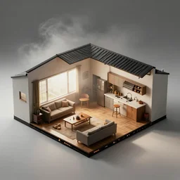 kodak portra 4 0 0, photographic and realistic, a cutaway of a house showing the living room and kitchen, isometric, octane render, unreal engine, 4 k, artstation, hyper realistic, wide angle, 3 5 mm, sharp focus, soft light, volumetric light fog, in the style of gregory crewdson