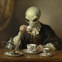 london alien drinking tea, oil painting by rembrandt,