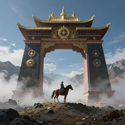 A horseback messenger at Mystical Ornate Tibetan Archway To The Glade of Forgotten Fears, Concept Art, Artstation, Misty Mountain Top, Blue Skies