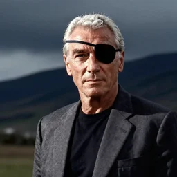 sean connery as big boss, ( ( eye patch ) ), white hair, movie still