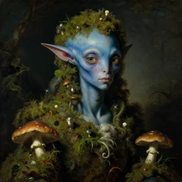 a close - up rococo portrait of an futuristic blue alien elf - like creature covered in moss, mushrooms, and swamp. night time. rich colors, high contast. gloomy, highly detailed 1 8 th century fantasy masterpiece painting by jean - honore fragonard, moebius, and johfra bosschart.