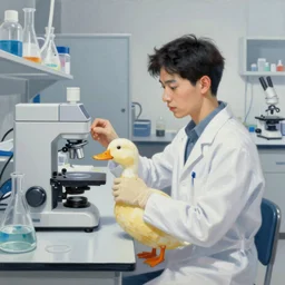 A mixed media painting of a genetically-modified scientist-duck working in a pcr and microbiology lab, by Frank Frazetta, Greg Rutkowski, Beeple, kawaii, post-processing, low angle, masterpiece, cinematic, isometric, volumetric lighting