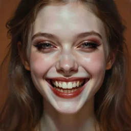 epic portrait of a beautiful girl with an unnaturally wide smile, high detail, horror smile, sharp focus, beautiful!, scary!, dewy skin, ethereal, painting, concept art, warm lighting, greg rutkowski
