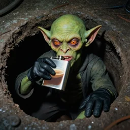 A goblin wearing black gloves drinking a flask of coffee in a sewer, 35mm photograph