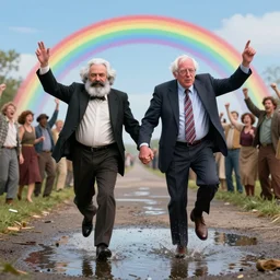 Bernie sanders and Karl Marx holding hands skipping across a puddle, a rainbow and happy workers in the background, extremely detailed, 4k/8k